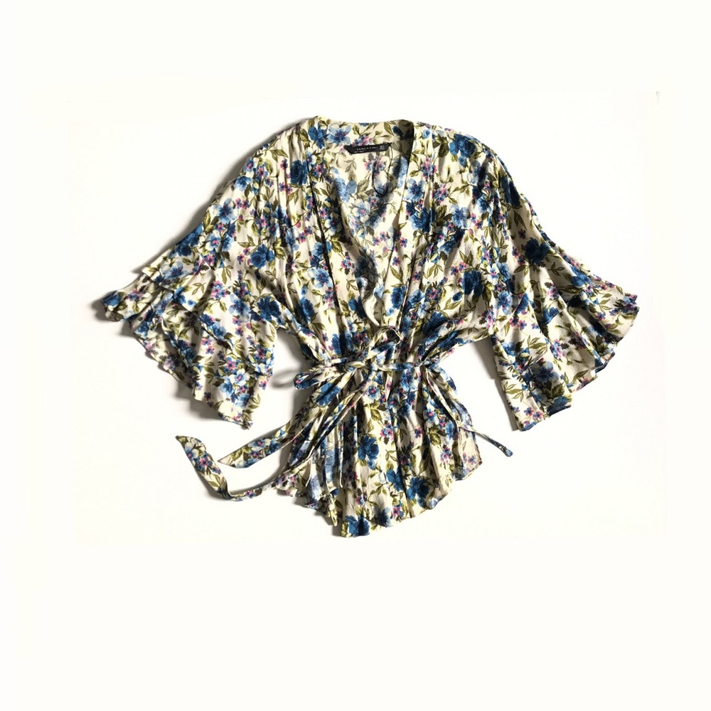 Floral Wrap Blouse in Cream and Blue
